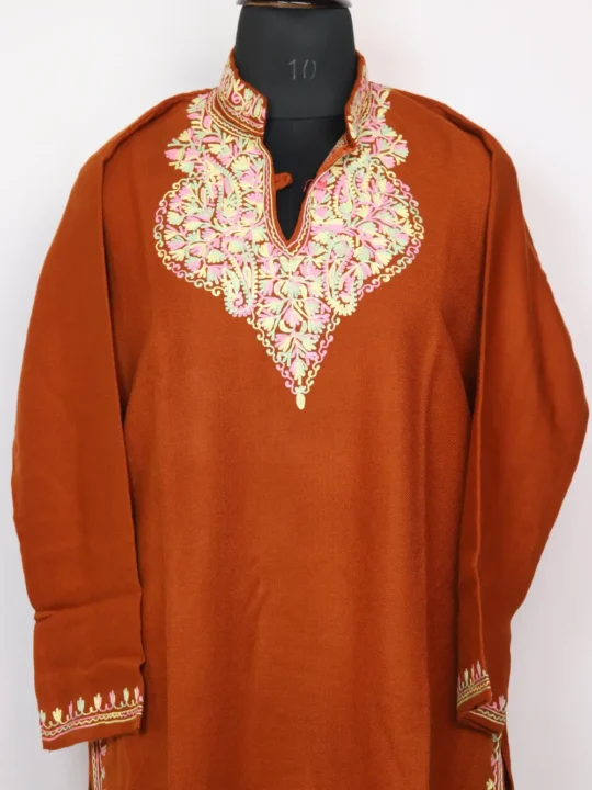 Hoor Cashmilon Aari Work Brown Woolen Long Collar Kurti