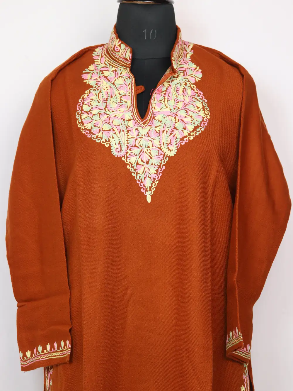 Hoor Cashmilon Aari Work Brown Woolen Long Collar Kurti