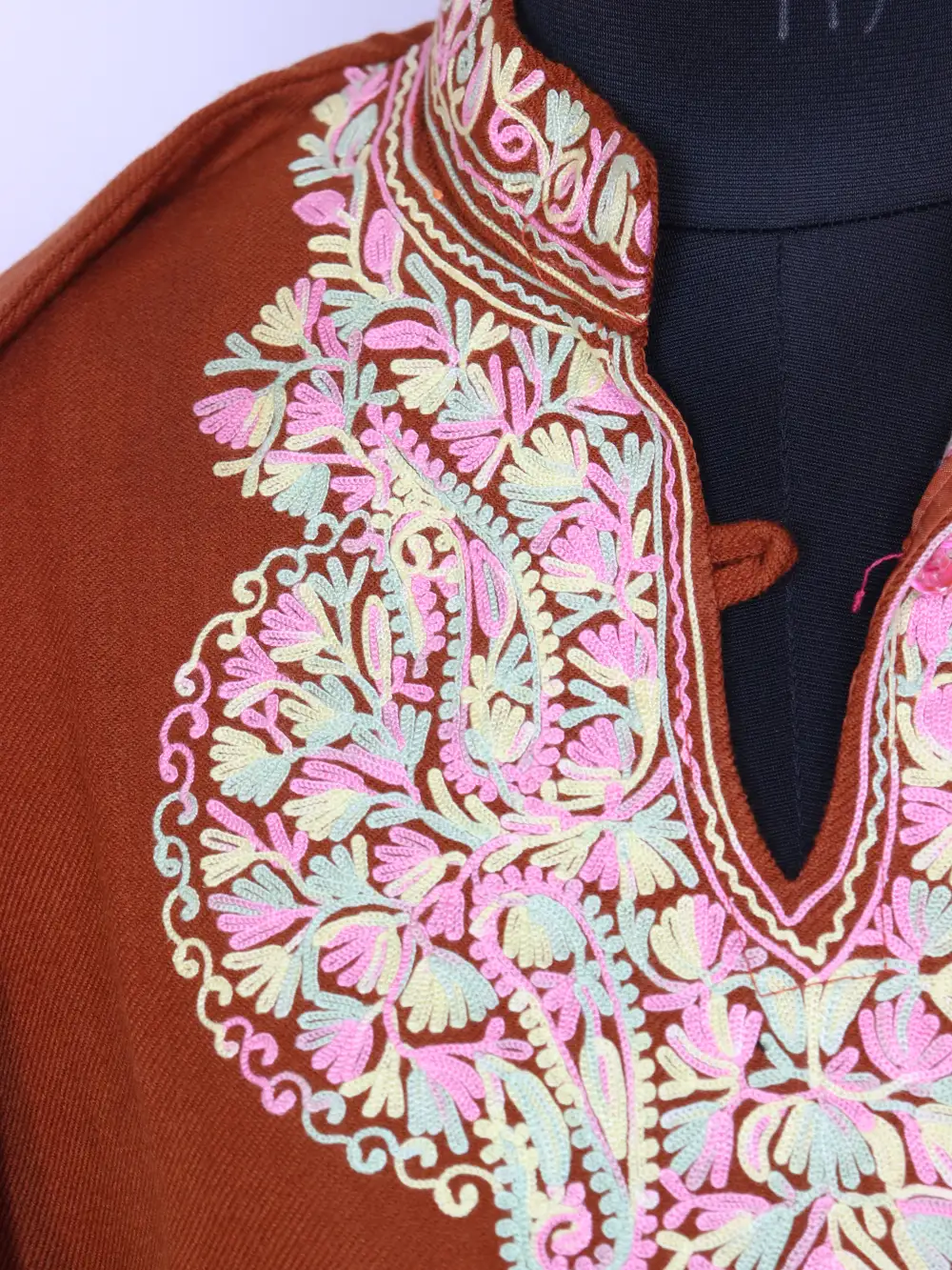 Hoor Woolen Long Collar Kurti In Cashmilon Aari Work Brown - Image 3