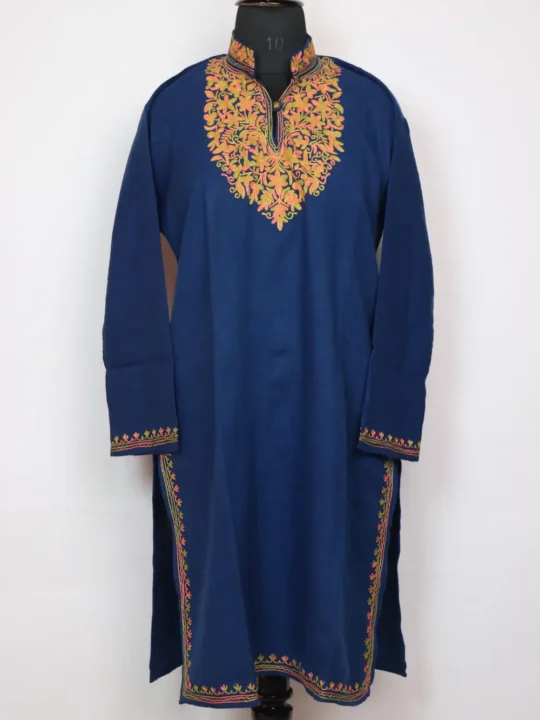 Cashmilon Aari Work Royal Blue Woolen Long Collar Kurti Jazmin