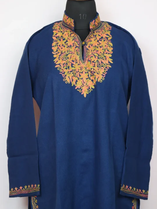 Cashmilon Aari Work Royal Blue Woolen Long Collar Kurti Jazmin