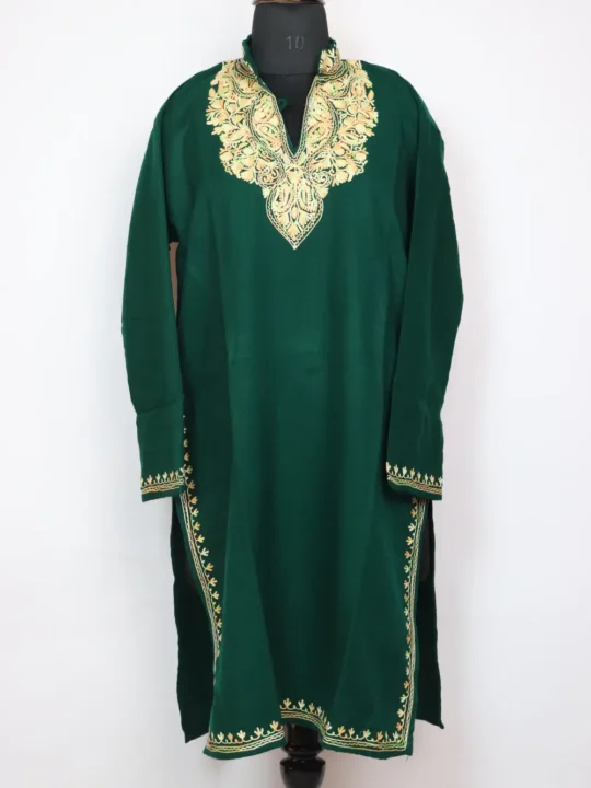 Dark Green Cashmilon Aari Work Woolen Kausar Long Collar Kurti