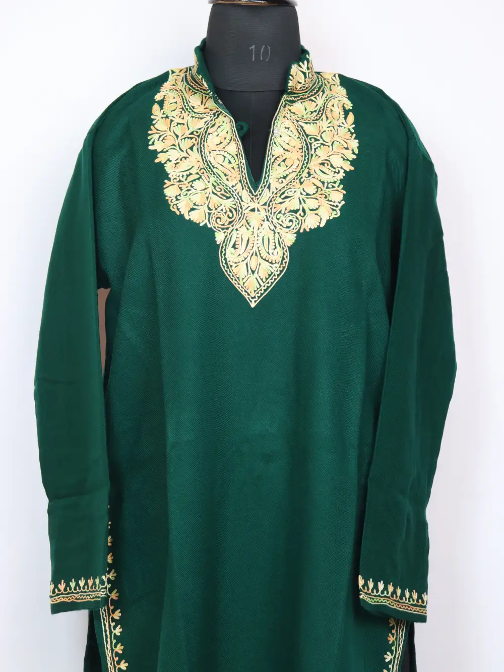 Kausar Long Kurti with Collar | Dark Green Cashmilon Aari Work Woolen
