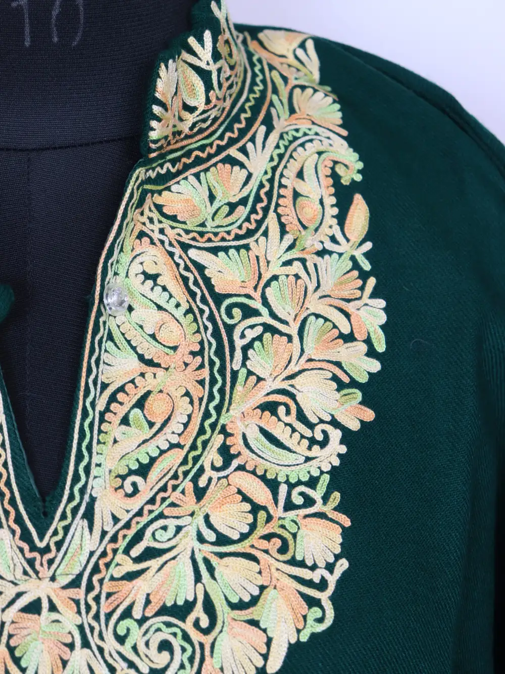 Kausar Long Kurti with Collar | Dark Green Cashmilon Aari Work Woolen - Image 3