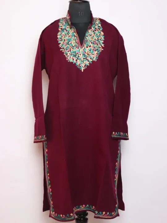 Leeb Magenta Cashmilon Aari Work Woolen Long Collar Kurti