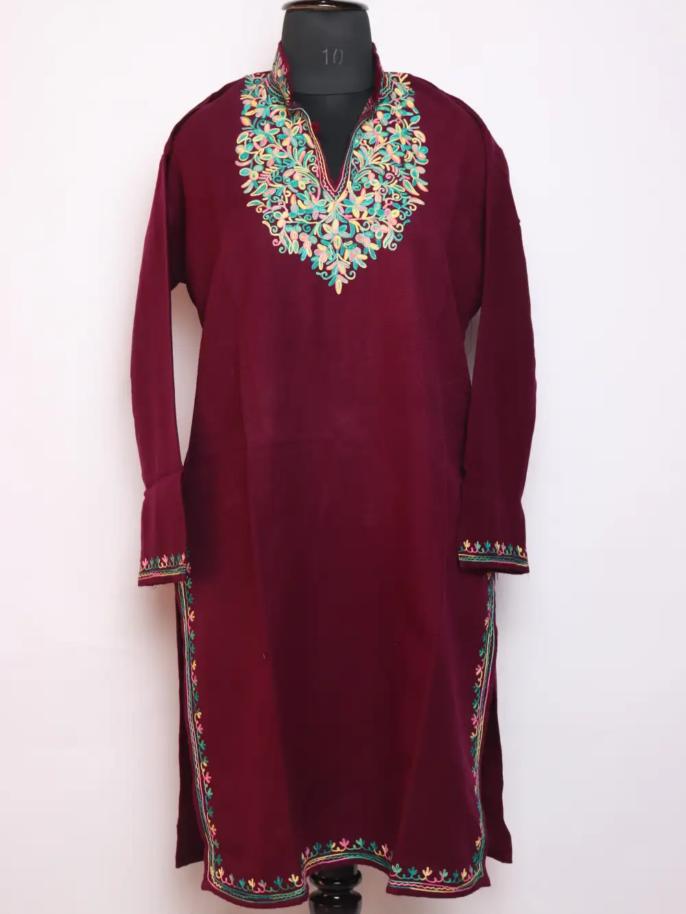 Leeb Magenta Cashmilon Aari Work Woolen Long Collar Kurti
