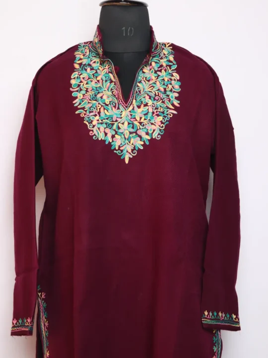 Magenta Cashmilon Aari Work Woolen Long Collar Kurti