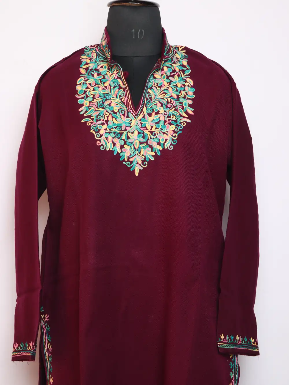 Magenta Cashmilon Aari Work Woolen Long Collar Kurti