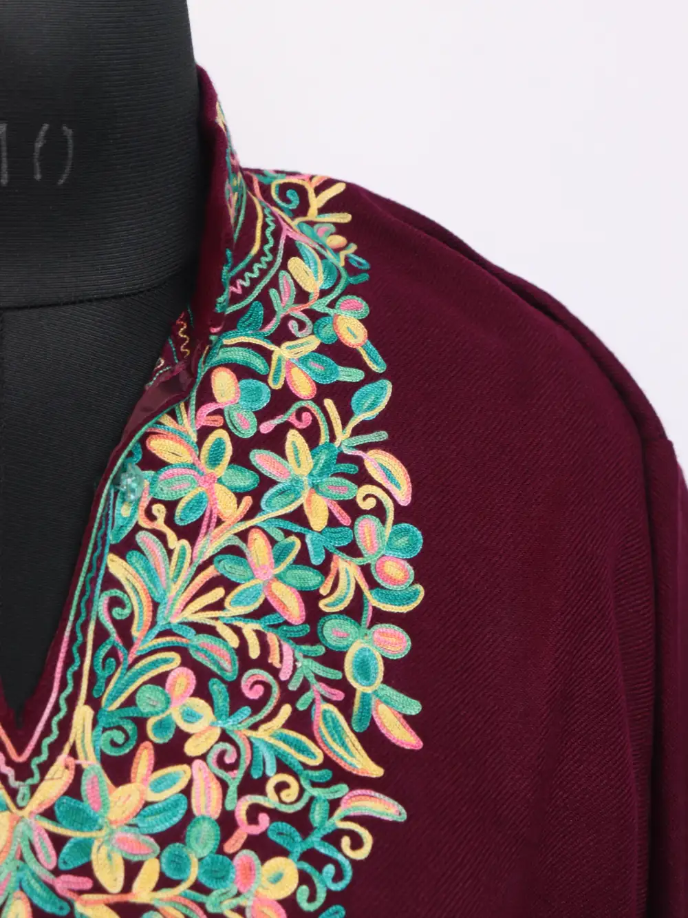 Leeb Magenta Cashmilon Aari Work Woolen Long Collar Kurti - Image 3