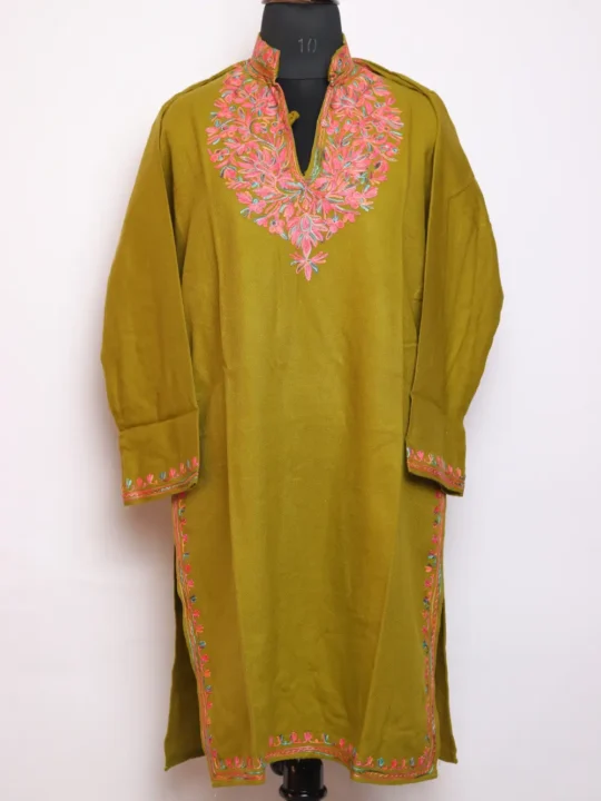 Mehndi Green Cashmilon Aari Work Woolen Long Collar Kurti