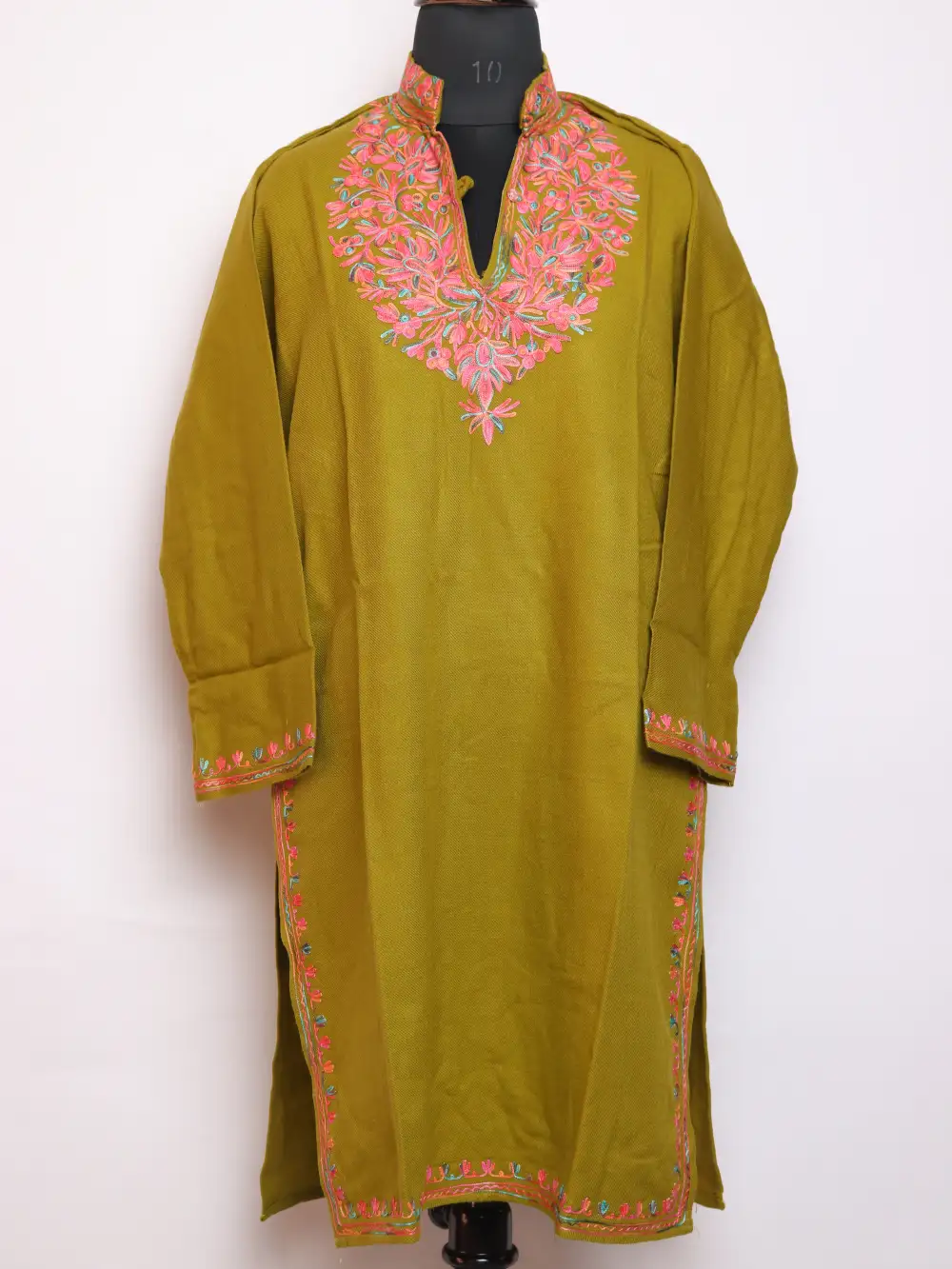 Mehndi Green Cashmilon Aari Work Woolen Long Collar Kurti
