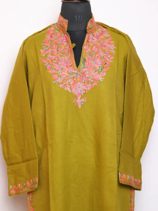 Mehndi Green Cashmilon Aari Work Woolen Long Collar Kurti