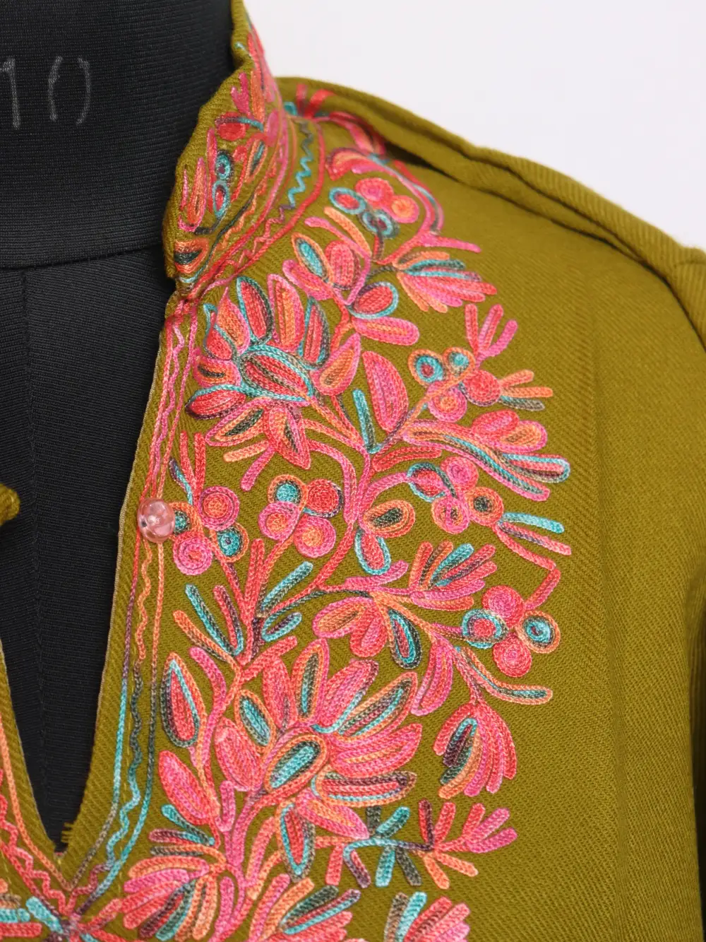 Aari Work Woolen Long Collar Kurti Mehndi Green Cashmilon - Image 3