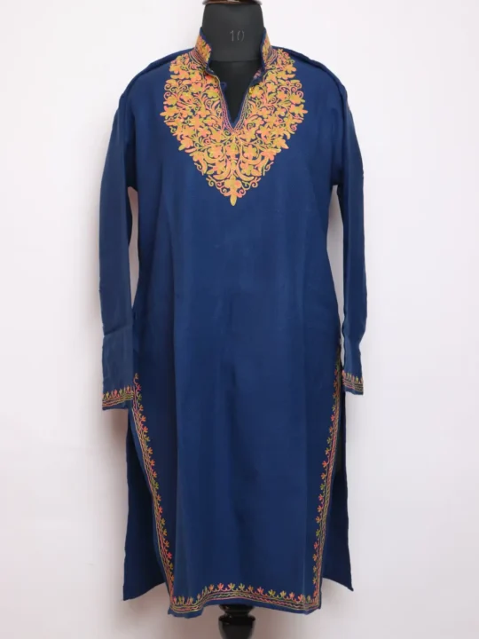 Royal Blue Shifat Cashmilon Aari Work Woolen Long Collar Kurti