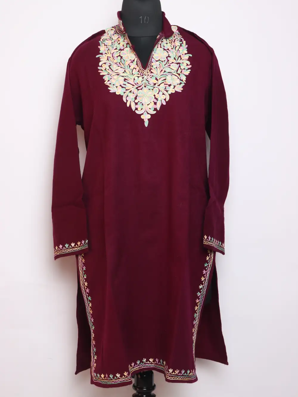Collar Cashmilon Aari Work Woolen Long Magenta Kurti