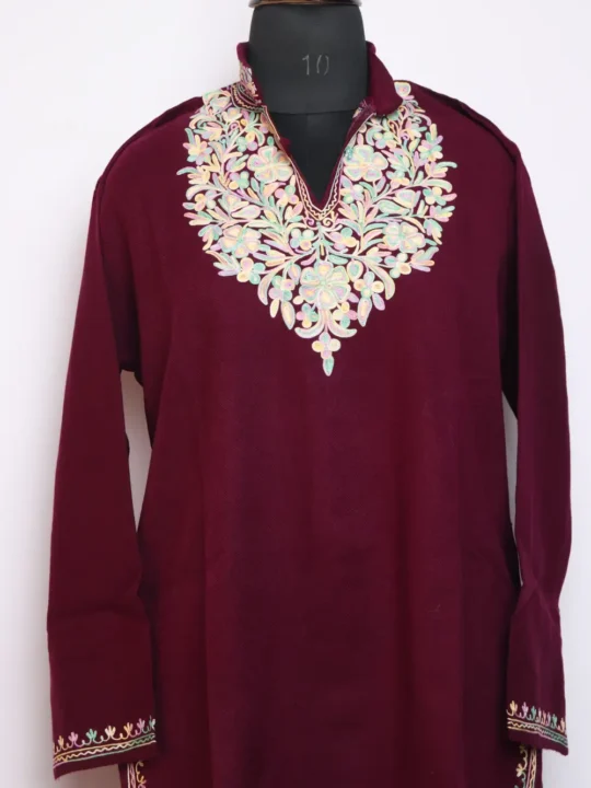 Collar Cashmilon Aari Work Woolen Long Magenta Kurti