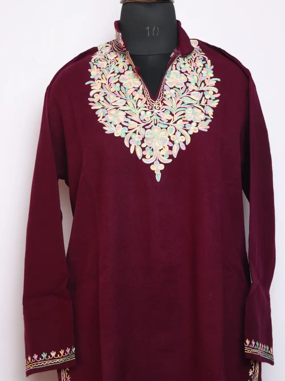 Collar Cashmilon Aari Work Woolen Long Magenta Kurti