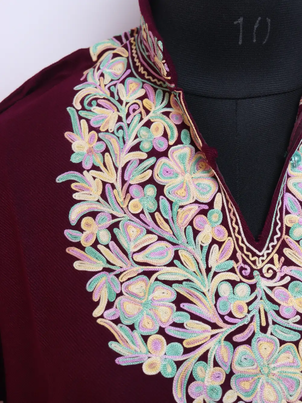 Woolen Magenta Long Collar Kurti Cashmilon Aari Work - Image 3