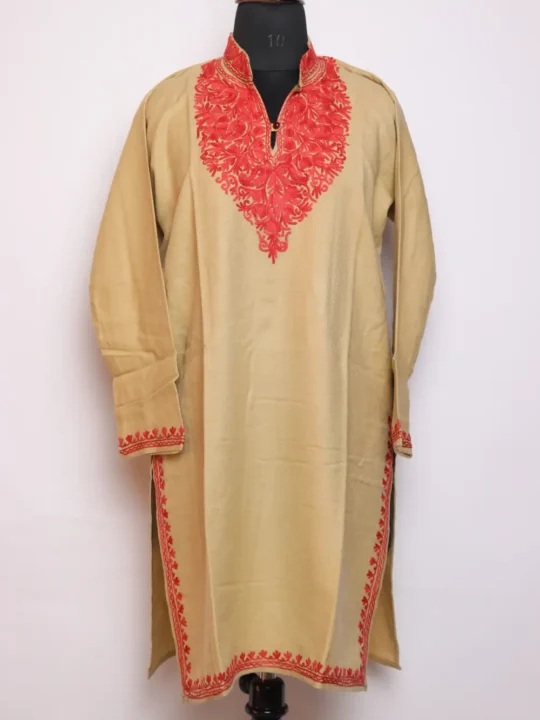 Qamaroon Collar Cashmilon Wool Aari Work Long Beige Kurti