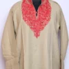 Qamaroon Collar Cashmilon Wool Aari Work Long Beige Kurti