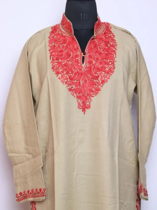 Qamaroon Collar Cashmilon Wool Aari Work Long Beige Kurti