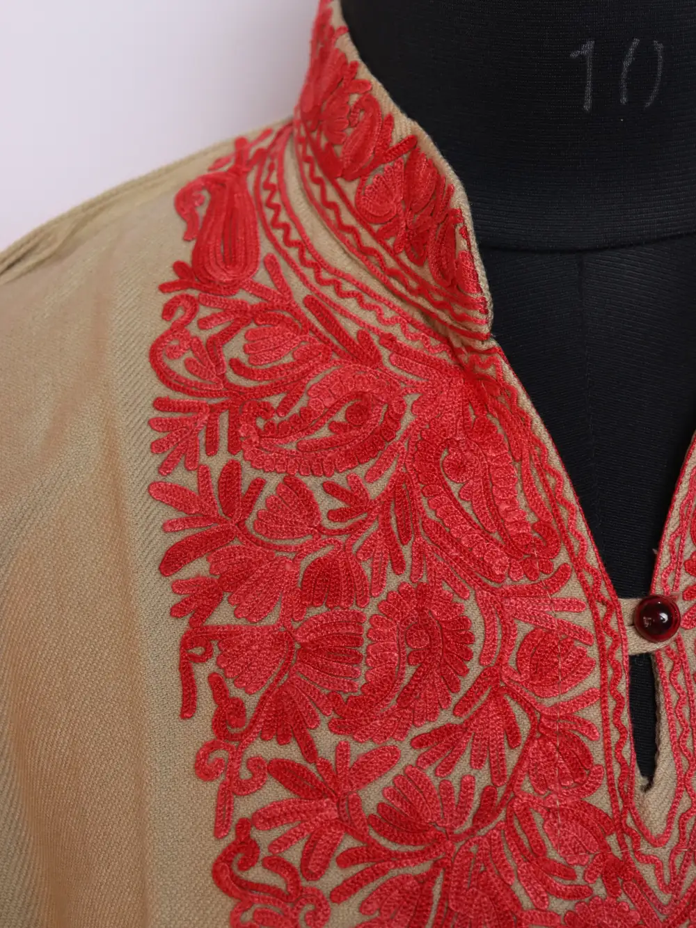 Long Beige Collar Woolen Kurti Qamaroon Cashmilon Aari Work - Image 3