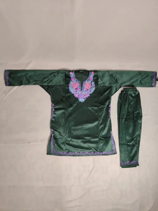 Velvet Aari Work Green Nazakat Pheran Set for Girls