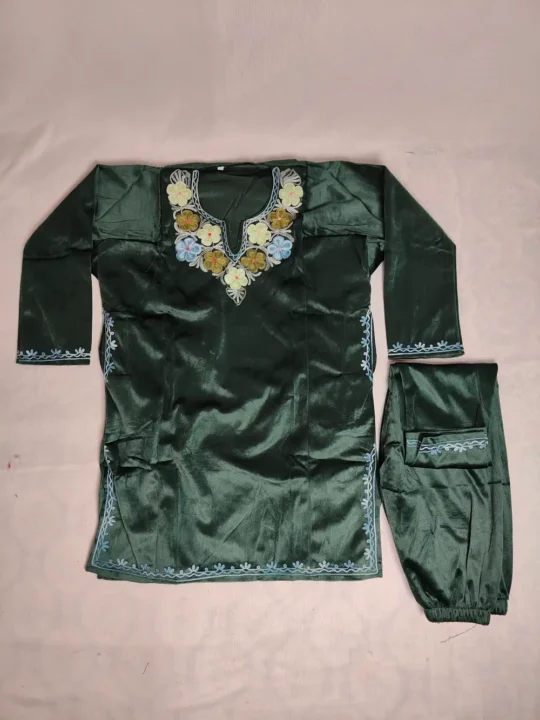 Hafizah Green Pheran Set in Velvet with Aari Embroidery