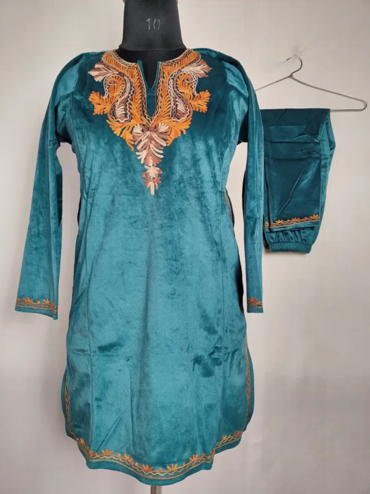 Makhmal Chaand Green Pheran Set with Aari Work
