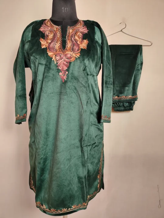 Dark Green Velvet Pheran Set with Aari Work