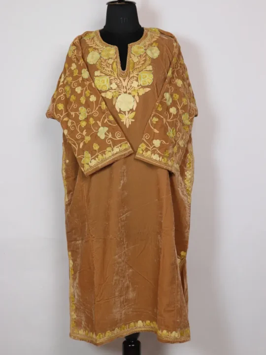 Nazakat Beige Pheran in Velvet with Sleeve Aari Work