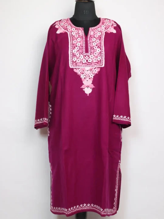 Cashmilon Wool Izband Pheran with Aari Work in Magenta