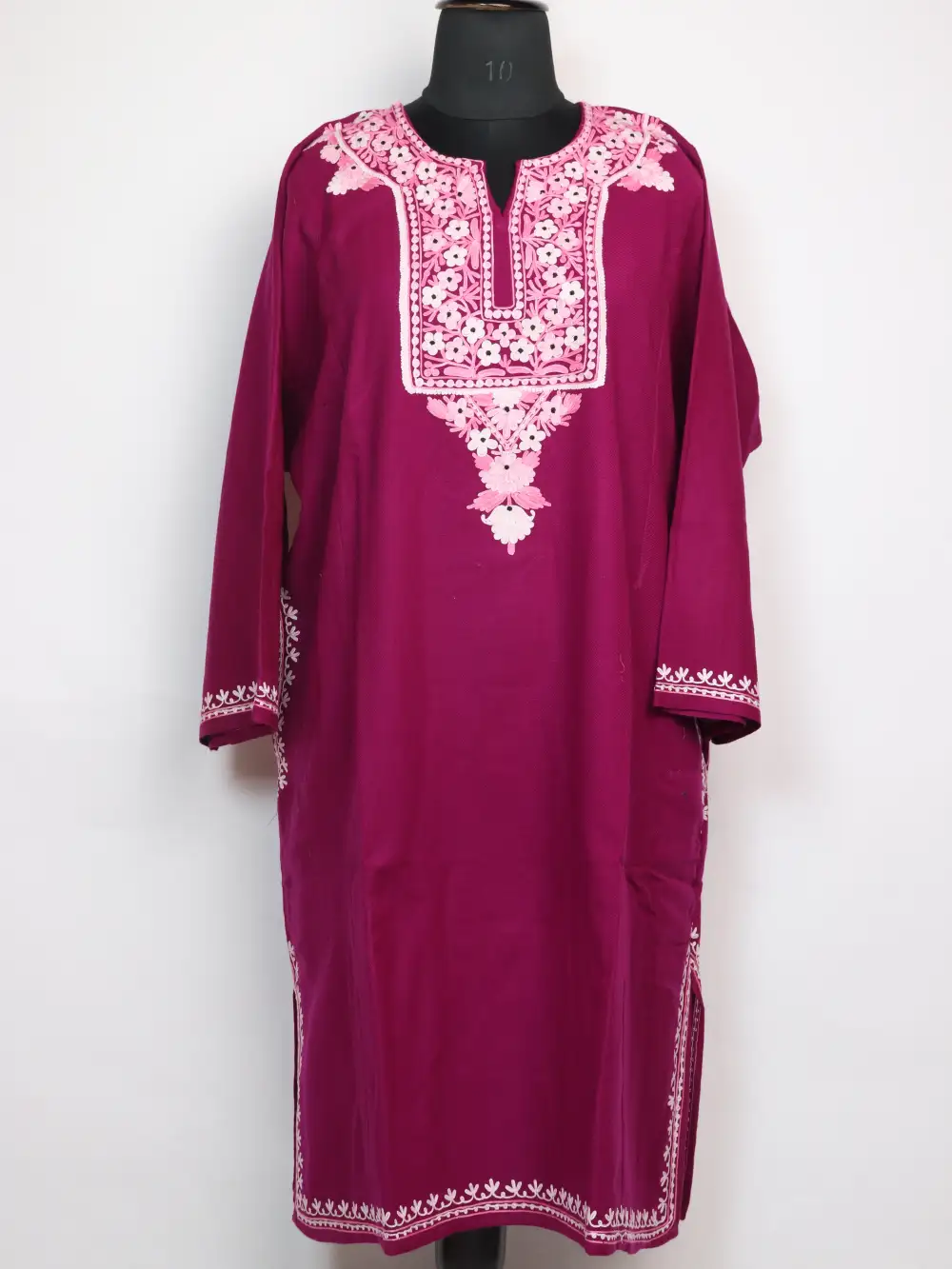 Cashmilon Wool Izband Pheran with Aari Work in Magenta