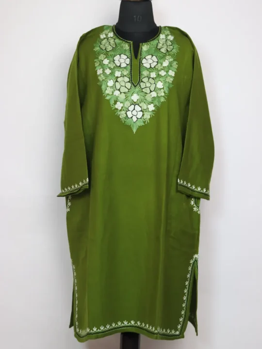 Nelam Cashmilon Wool Olive Pheran with Aari Embroidery
