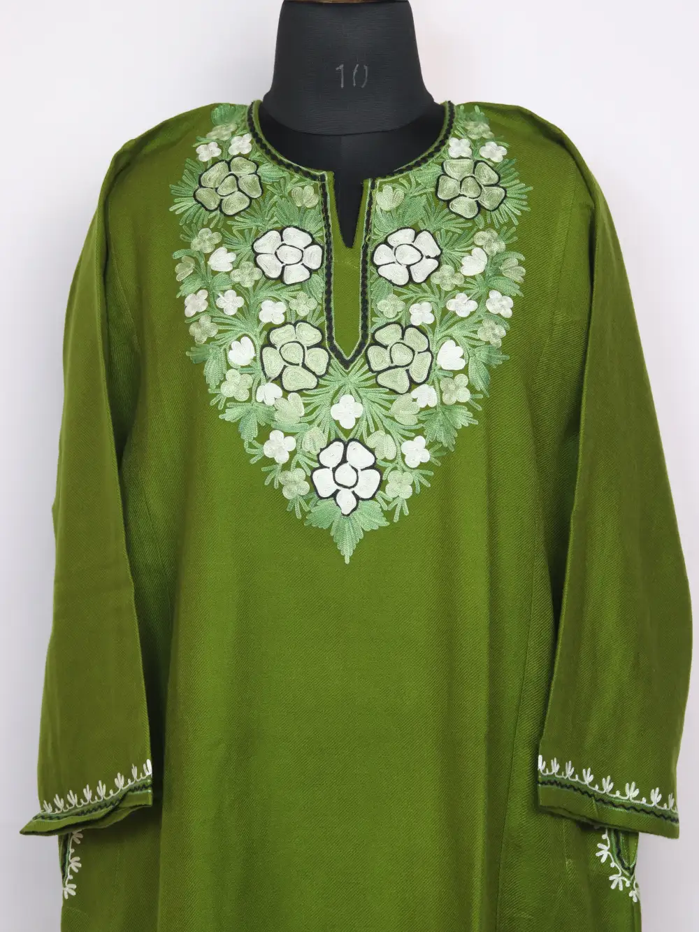 Nelam Cashmilon Wool Olive Pheran with Aari Embroidery - Image 2
