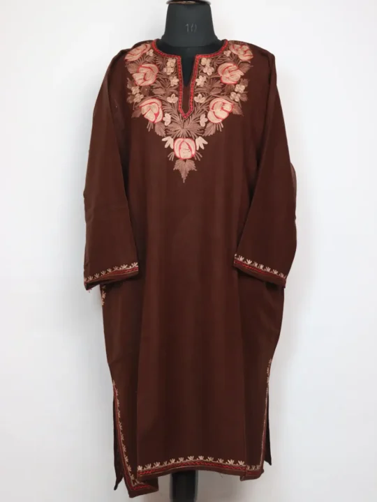 Brown Cashmilon Wool Phiran with Aari Embroidery