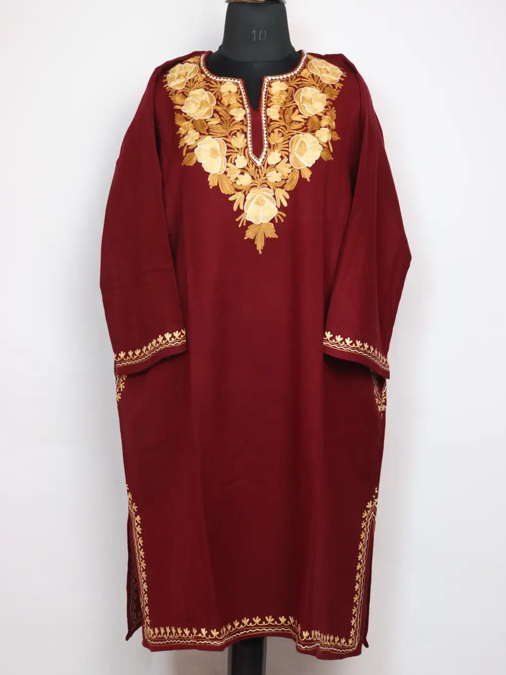 Nawal Aari Embroidered Maroon Pheran in Cashmilon Wool