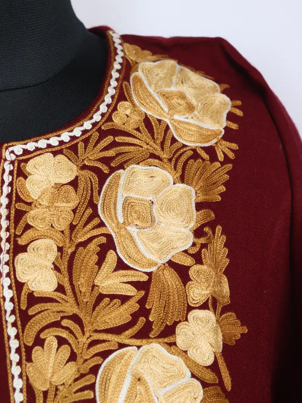 Nawal Aari Embroidered Maroon Pheran in Cashmilon Wool - Image 3