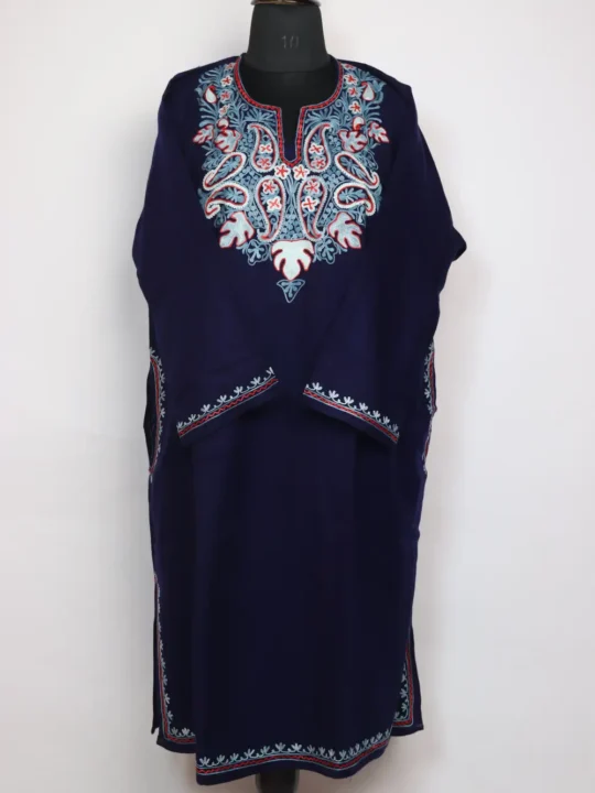 Dark Blue Rimsha Aari Embroidered Pheran in Cashmilon Wool
