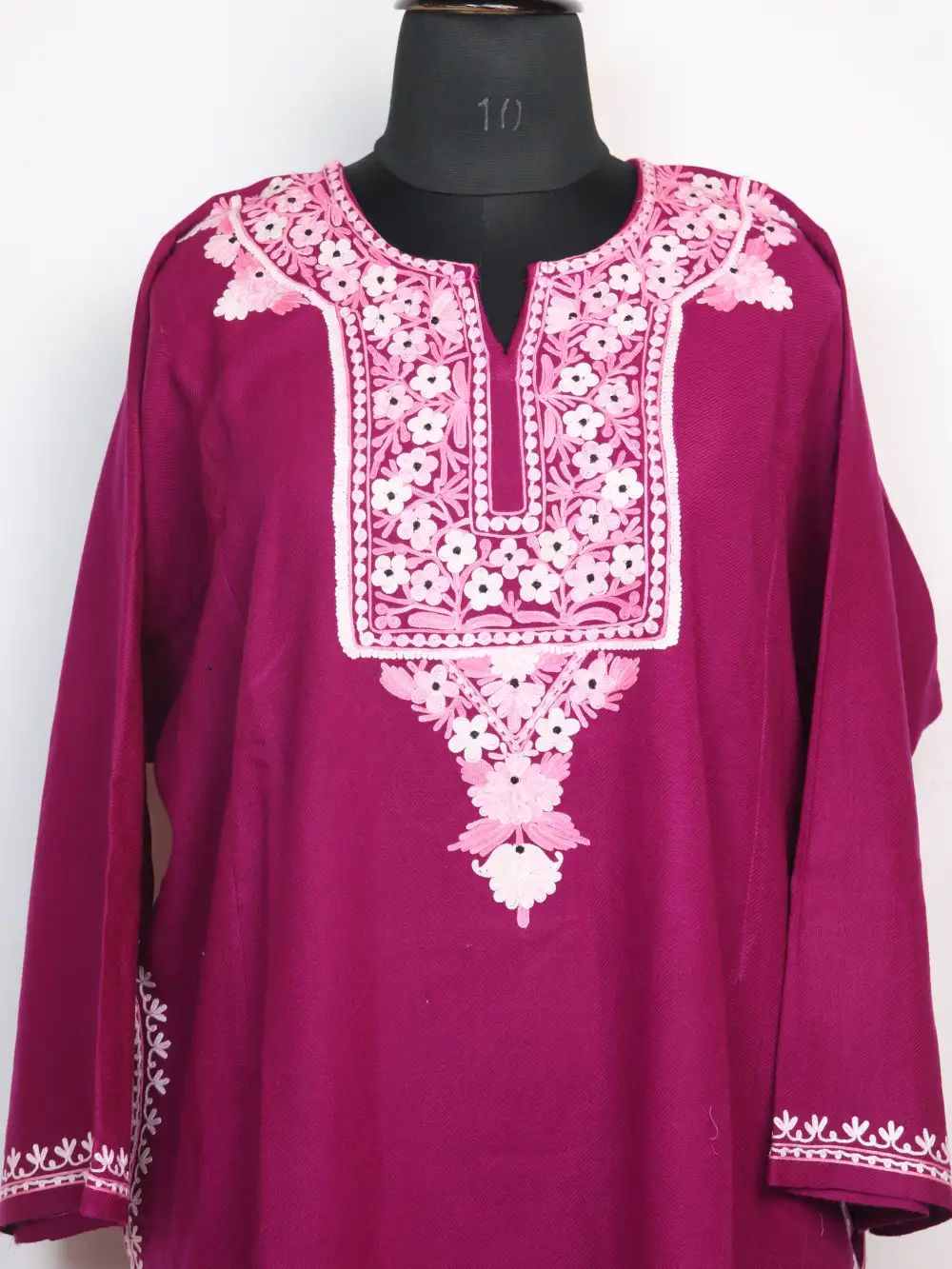 Cashmilon Wool Izband Pheran with Aari Work in Magenta - Image 2