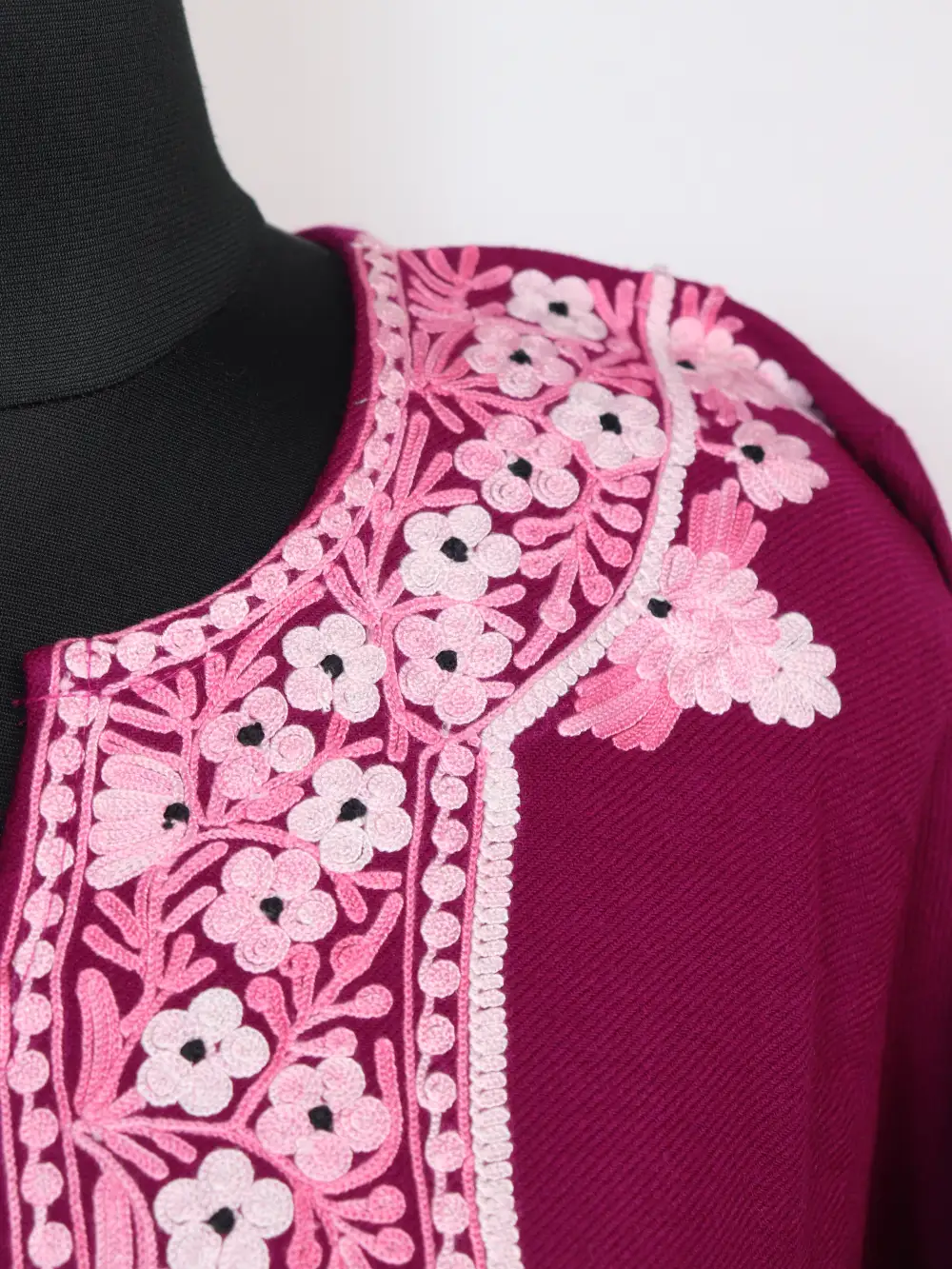 Cashmilon Wool Izband Pheran with Aari Work in Magenta - Image 3