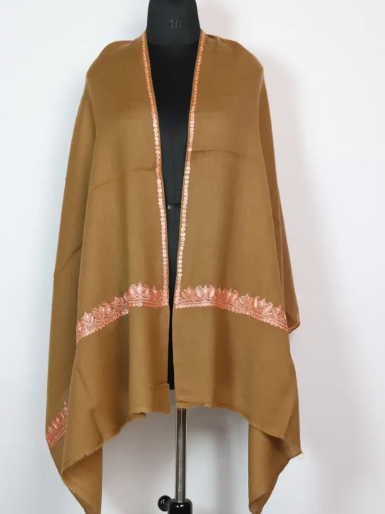 Kashmiri Bottle Tilla Work Brown Stole in Pure Wool for Ladies