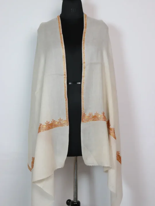Kashmiri Bottle Tillawork White Stole in Pure Wool for Women