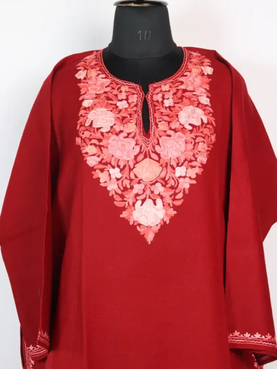 Mehnaz Maroon Aari Embroidery Raffal Wool Pheran