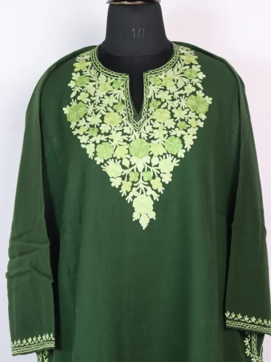 Green Raffal Wool Aari Work Hayat Pheran