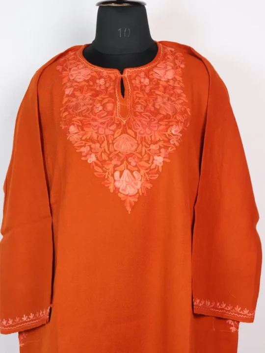 Bahaar Aari Work Rustic Orange Pheran in Raffal Wool