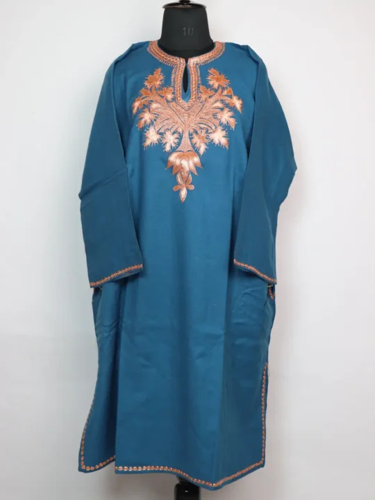Pashnoor Raffal Wool Blue Pheran with Bottle Tilla Embroidery