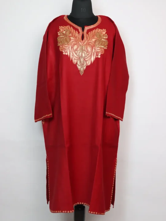 Raffal Pashnoor Chilly Red Loose Pheran with Bottle Tilla Embroidery