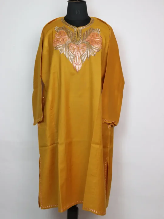 Raffal Wool Mustard Pashnoor Pheran with Bottle Tilla Embroidery