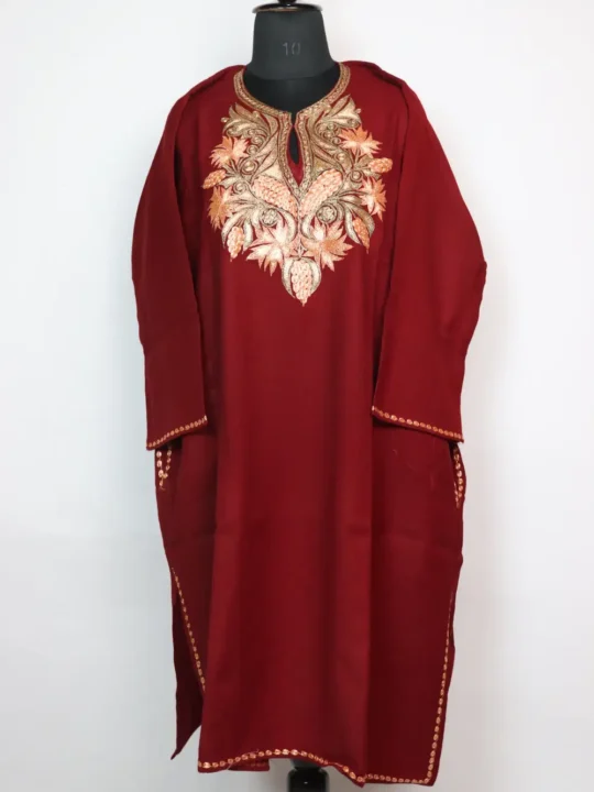 Raffal Wool Pashnoor Pheran in Maroon with Bottle Tilla Work